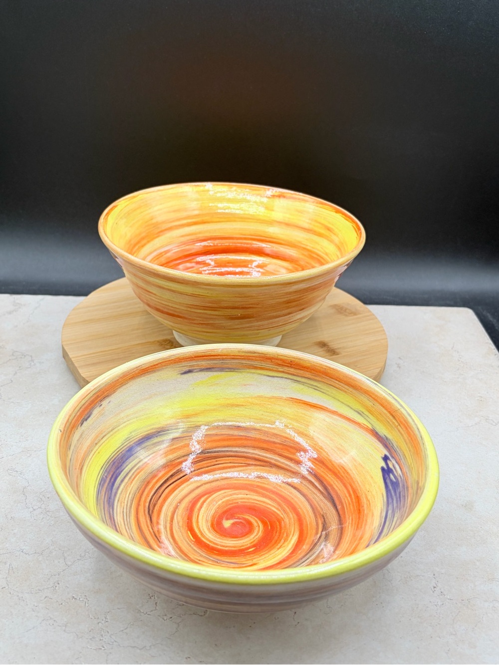Vintage Handmade Wheel Thrown Orange Swirl Studio Pottery Bowls Artist Signed
